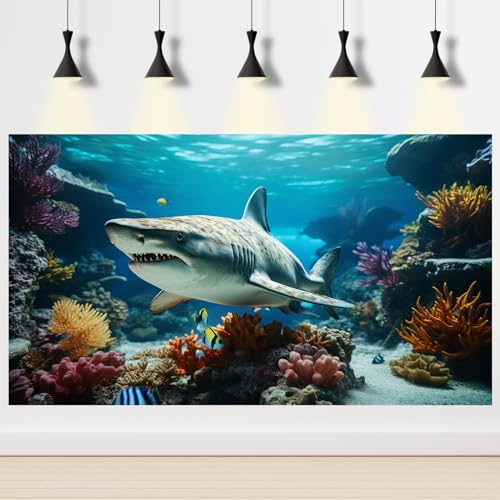 Aquarium Background Marine Life Fish Shark Terrarium Backdrop Underwater World Coral Reef Rock Fish Tank Background Deep Sea Aquarium Wallpaper Poster Decor Vinyl 24x12in - color: Marine Brown, size: 24(W)x12(H)inches/ 60(W)*30cm(H)