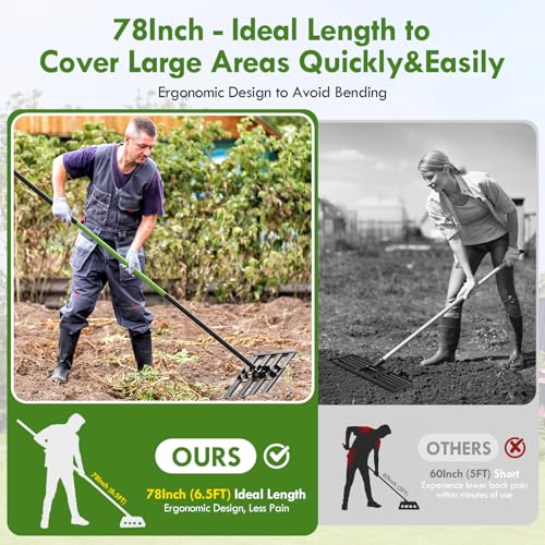 Seeutek Lawn Leveling Rake, 45” x 10” Lawn Leveler with 6.5FT Stainless Steel Handle Rakes for Lawns, 0-180° Adjustable Ground Leveler Tool for Yard, Level Soil Sand Dirt Surfaces - size: 45"*10"