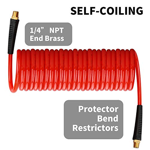 Hromee 1/4 in x 25 ft Polyurethane Recoil Air Hose with Bend Restrictors Compressor Hose with 1/4" Industrial Universal Quick Coupler and I/M Plug Kit, Red - size: 25FT