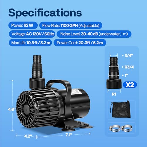 VIVOHOME Electric 62W 1100GPH Submersible Water Pump for Koi Pond Pool Waterfall Fountains Fish Tank and Aquarium - size: 1100GPH