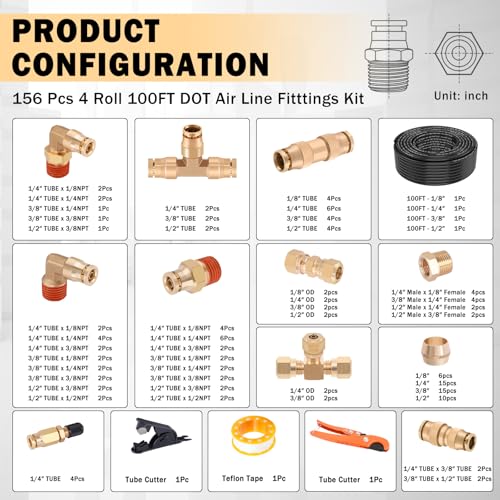 CheeMuii 156 PCS Brass DOT Air Line Fittings with 4 Roll 100FT 1/8" 1/4" 3/8" 1/2" DOT Air Lines Kit Push Lock Air Fitting Quick Connect Air Fittings with Air Hose Pneumatic Tubing - size: 100FT-4ROLL-152PCS