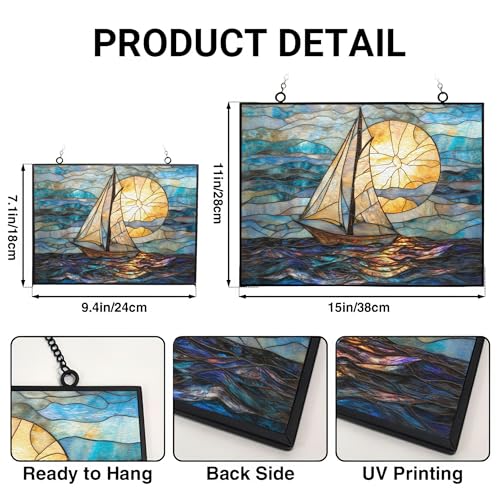 Rectangle Art Nouveau Horizon Sailboat Stained Glass Sun Catcher, Wall Hanging Colored Decor Room Indoor Window Decor, Halloween, Christmas Hanging Ornament Mother Day - color: Art Nouveau Horizon Sailboat 1, size: 9.4x7.1 IN