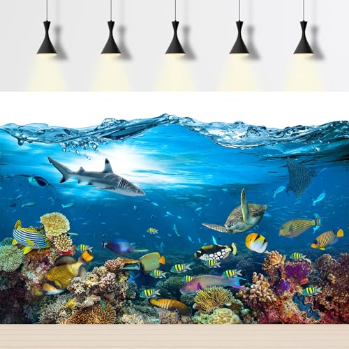 Under The Sea Aquarium Background Tropical Marine Colorful Coral Reef Panorama Terrarium Background Blue Sea with Sunbeams Fish Tank Backdrop Deep Sea Tropical Fish Groups Backdrops 24x12in - color: Marine Blue, size: 24(W)x12(H)in