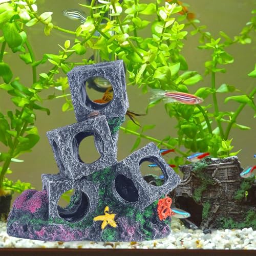 Saim Aquarium Decorations 3 Stacked Stone Cave Hideaway for Aquatic Pets to Breed, Play and Rest, Decor Stone for Betta, Gold Fish Hideout - No Moss