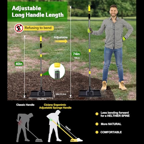 Lawn Leveling Rake - Heavy Duty Yard Leveler , Reinforced Welds, 74" Adjustable Handle, Reversible Plate for Soil, Dirt, Ground, Backyard Top Dressing, Landscaping (17x10 inch)