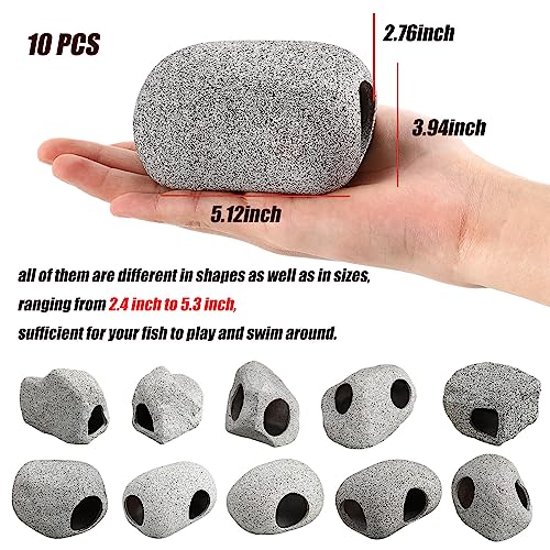 Lyrow 10 Pieces Aquarium Hideaway Rock Cave Stackable Fish Tank Decorations for Aquatic Pets to Breed, Play and Rest, Ceramic Shelters for Small Fish, Betta Cave Shrimp Habitat, Breeding Tube (Rustic)