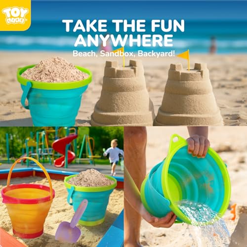 TOY Life 9 Pack Sand Buckets Toys Set with 3 Collapsible Beach Buckets 3 Shovels and 3 Rakes, Toddlers Beach Toys for Kids Ages 4-8 for Camping, Traveling, Fishing, Outdoor Summer Parties - color: 3 Foldable Buckets With 6 Tools