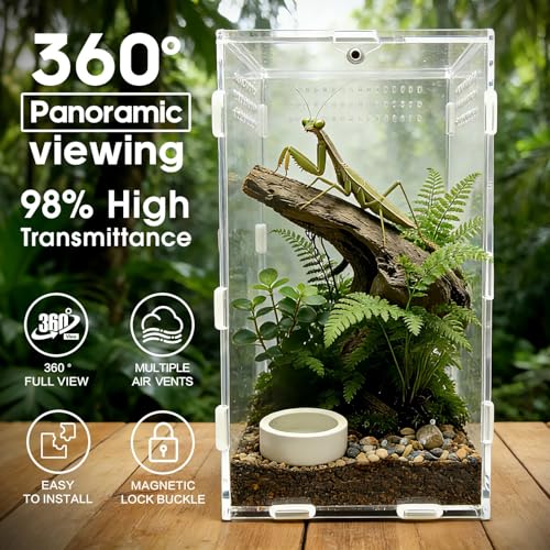 Jumping Spider Enclosure, Acrylic Terrarium with Magnetic Door & All-Side Ventilation, Easy-Clean Habitat for Spider, Tarantula, Mantis, Snail-5.9" x 5.9" x 9.8"(Tweezer and Bowl Included) - size: Basic Vertical-Kit