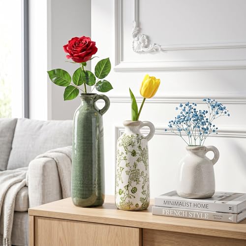 Ceramic Vase Set, 3Pcs Flower Vases for Modern Boho Farmhouse Decor, Decorative Vases for Pampas Grass & Dried Flowers, Distressed Finish - color: A