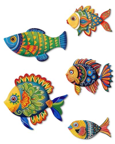 Putuo Decor 5 Pcs Wooden Fish Wall Decor Beach Nautical Coastal Theme Fish Wall Sculpture Lake House Ocean Decor Vintage Ornaments for Home Bathroom Bedroom
