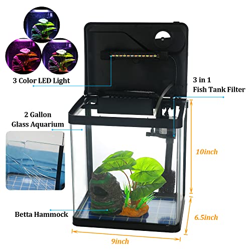 Betta Fish Tank Self Cleaning Glass 2 Gallon Small Nano Aquarium Starter Kits Desktop Room Decor w/LED Light Decorations & Whisper Filters Water Pump (Fish Tank) - size: 2 Gallon