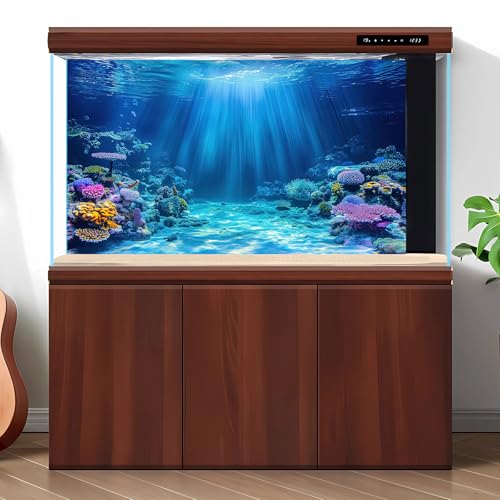 Underwater Scene Aquarium Background Under The Sea Coral Reefs Fish Tank Background Ocean Seabed Scene Sand Rocky Outcrops Terrarium Backgrounds Sunray Tropical Marine Life Tank Backgrounds 24x12in - color: Bright_Blue, size: 24(W)x12(H)inches/ 60(W)*30cm