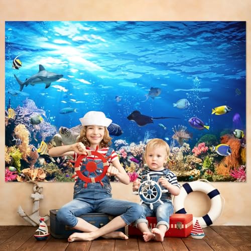 Under The Sea Backdrop 10x8ft Ocean Party Decorations Under The Sea Baby Shower Background Sea Aquarium Birthday Party Studio Props - color: Aqua Blue, size: 10x8ft (300x240cm)