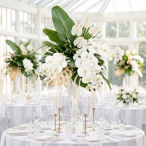 36'' White Orchids Artificial Flowers 10 Large Blooms Faux Phalaenopsis Branches 5PCS Fake Silk Orchids Stems for Tall Vase for Wedding Home Table Party Decor (White) - color: White