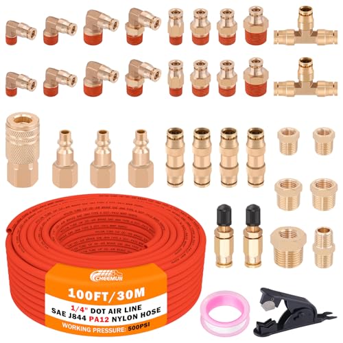 CheeMuii 100 FT 1/4" DOT Air Line with 34 Pcs Brass DOT Air Line Fittings Kit 30.5 Meter 1/4 Red Air Lines Service Kit with Push Lock Air Fitting Air Coupler & Plug Kit - color: red & gold, size: 1/4"100ft-37pcs