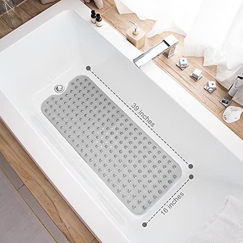 TEESHLY Bathtub Mats for Shower Tub, Extra Long Non-Slip 39 x 16 Inch Bath Mat with Drain Holes and Suction Cups, BathMat for Bathroom with Machine Washable (Clear Grey) - color: Clear Grey
