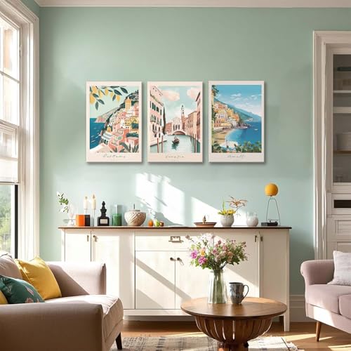 XLARTMY Italy Amalfi Coast Travel Posters Wall Art Framed Canvas Decor City Landscape Blue Venice Coast Painting Beach Modern Artwork for Living Room Bedroom Bathroom Office Set of 3 16x24in - color: Travel Coast, size: 16x24in Canvas
