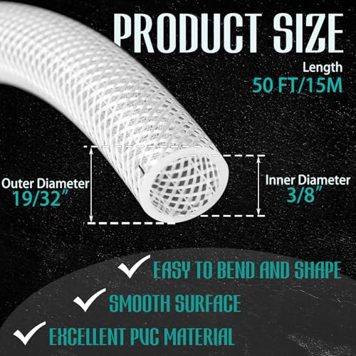 3/8" ID x 19/32" Od x 50 ft Braided PVC Tubing Reinforced Clear Vinyl Hose, Heavy Duty Flexible High Pressure PVC Braided Hose for Water Home Garden Aquarium Washing - size: 3/8" Id