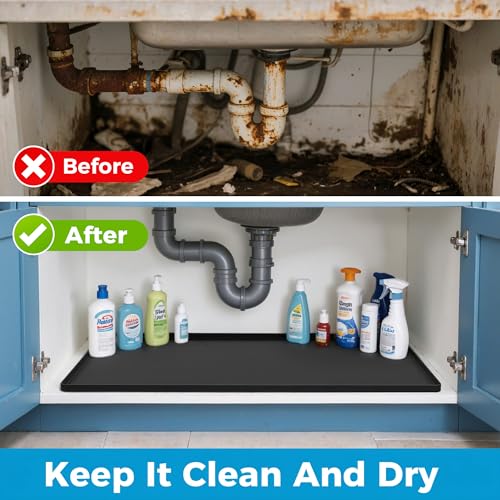 URMONA 22'' x 22'' Waterproof Silicone Under Sink Mat Cabinet and Counter Protector, Shelf Liner for Kitchen and Bathroom, Storage and Organizers, Litter Mat, Pet Cat Puppy Essentials（Black） - color: Black, size: 22"L x 22"W