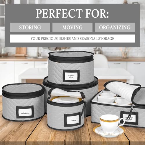 China Storage Containers 5-Piece Set Moving Boxes for Dinnerware, Glasses, Plates, Mugs and Saucers Sturdy Quilted Microfiber Dish Organizer with Dividers for Seasonal Storage - Holds Set of 12, Gray - color: Gray