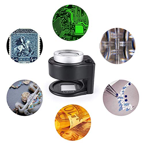 30X Loupe Magnifier with 6 Light, Desktop Portable Metal Magnifier Folding Scale Sewing Magnifying Glass for Textile Optical Jewelry Tool Coins Currency (Black) - color: Black