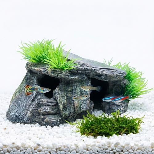 Aquarium Cave & Betta Hideout - Natural Resin Fish Tank Decorations, Small Turtle Basking Platform, Hand-Polished Smooth Edges, PH Neutral Stone Decor for Shrimp, Cichlid, and Reptiles (Small) - color: S-Dock with Green, size: Small