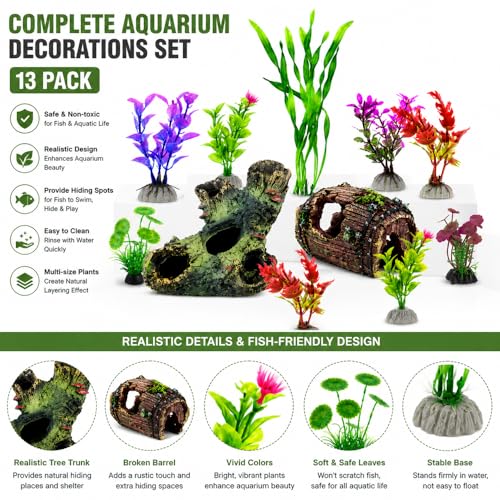 Aquarium Decorations Set, Fish Tank Decor with Artificial Plants and Resin Ornaments, Betta Fish Tank Accessories for Small Tanks, Soft Safe Plastic Plants with Hideout Cave Décor(Ornaments set #2)
