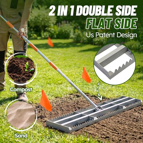 Lawn Leveling Rake, 2-in-1 Double-Sided Landscape Leveler with 20 Marking Flags for Low Spot, 48"×10” Heavy Duty Stainless Steel Flat & Serrated Side for Soil Sand Gravel, Yard Garden Golf Course - style: 48"×10”