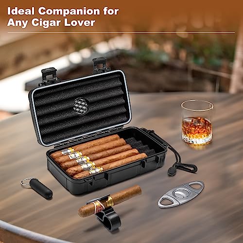 Flauno Travel Cigar Humidor Case - Portable Cigar Box kit with Humidifier Disc, Cigar Cutter, Cigar Punch, Cigar Holder & Dropper, Waterproof, Crushproof, Airtight (Holds up to 10 Cigars) - size: Holds up to 10 Cigars with Cigar Accessories