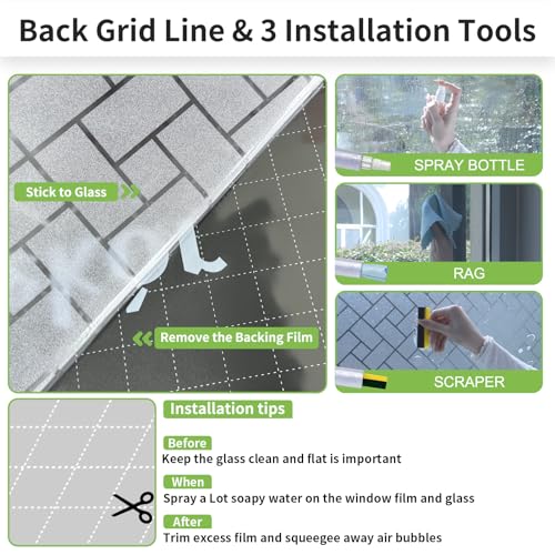 MAGIDEKOR Window Privacy Film with 3 Installation Tools, Frosted Glass Window Film,Static Clings UV Blocking Reusable Decorative Window Film for Bathroom Home Office,Rectangle,17.5 Inch X 6.5 Feet - color: Rectangles, size: 17.5 Inch X 6.5 Feet