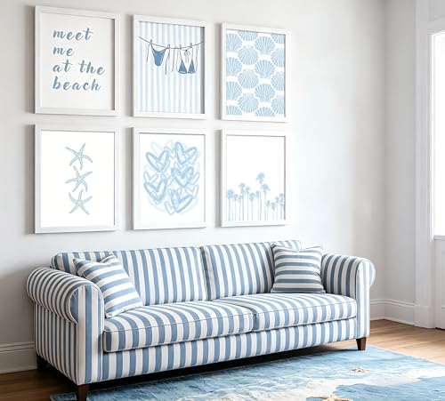 Gschupy Beach Theme Wall Art Set of 6, Light Blue Coastal Canvas Prints with Starfish、Seashell、Palm Tree, Unframed Beach Wall Decor Posters for Apartment Dormitory Coastal Home Decoration 8x10inch - color: Blue Heart Graffiti, size: 8x10in