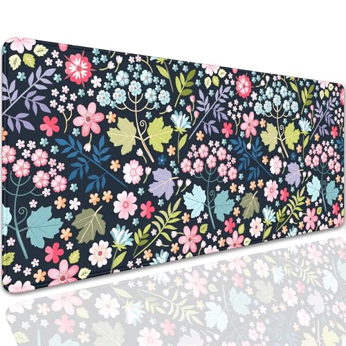 Maple Leaf and Flowers Desk Pad Mouse Pad,Large Floral Mouse Mat with Stitched Edges,Non-Slip Rubber Base Elegant Mousepad for Office PC Keyboard Laptop and Home Work Desk Mat(27.5X11.8 in) - color: Plants and Flowers