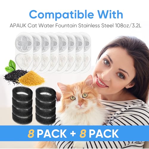 Upgrade Cat Water Filter Replacement Compatible with APAUK 108oz/3.2L Cat Fountain, Individually Packaged,Triple Filtration Carbon Filters for Pet Fountain, Includes 8 Filters and 8 Sponges