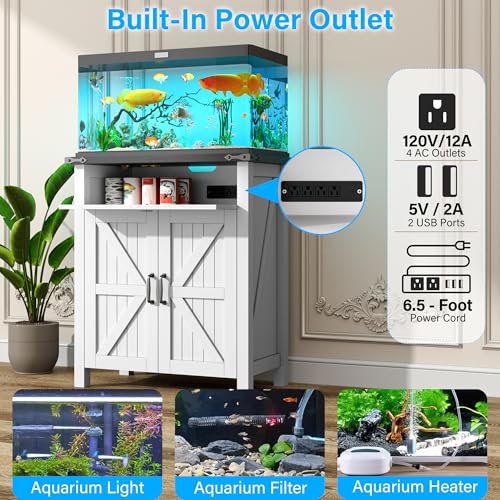 kepptory 20 Gallon Fish Tank Stand with Power Outlets, Farmhouse Decorative Aquarium Stand Furniture with Adjustable Shelves, 10-20 Gallon Reptile Turtle Tank Stand with Cabinet Storage (White, 20GL) - color: White, size: 27.6"L x 15.7"W x 31.5"H