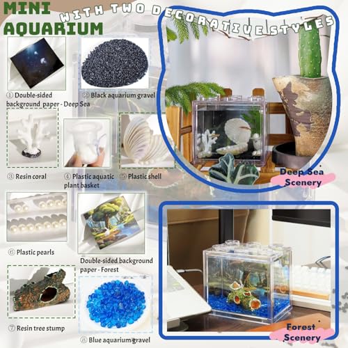 Small Betta Fish Tank, Mini Sea Monkey Tank Aquarium Kit with Gravel & Background Resin Decor, 0.6 Gallon Stackable Tabletop Fish Bowl Accessories for Shrimp Seaweed Ball - color: Clear