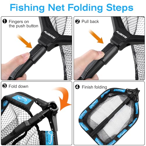 PLUSINNO Floating Fishing Net for Steelhead, Salmon, Fly, Kayak, Catfish, Bass, Trout Fishing, Rubber Coated Foldable Landing Net with Fixed or Telescoping Pole Handle, Fishing Gear and Gifts for Men - color: 11.8"/30cm Hoop Size 0.8M Blue (Fixed Pole)