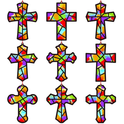 Renbuzhu 48PCS Sunday School VBS Crafts Bulk: Paper Cross Nativity Suncatchers, Jesus Religious Christian Activity DIY Kits Church Decorations, Window Stained Glass Effect Art Supplies - style: religious cross