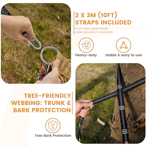 Lazy Daze Hammocks 13-FT Polyester Rope Hammock, Double 2 Person Traditional Hand Woven Outdoor Hammock with Spreader Bar, Carabiners, Tree Straps, Chains for Outside Patio- Max 450 Lbs, Tan - color: Tan