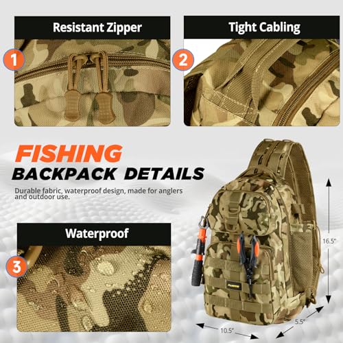 PLUSINNO Fishing Backpack with Fishing Rod and Reel Combos Tackle Boxes, Waterproof Tackle Backpack for Fishing Gear with Rod Holder, Fishing Gifts for Men with Fishing Tool Kit... - color: Khaki Camo Backpack With Rod and Reel Combo