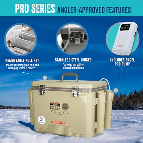 ENGEL Live Bait Cooler PRO for Fishing - Portable Minnow and Bait Bucket with Lithium-Ion Rechargeable Aerator - color: Tan, size: 7.5 Quarts
