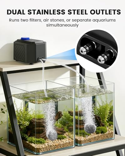 fishkeeper Ultra-Quiet Aquarium Air Pump – 10W (255GPH) Powerful Fish Tank Air Pump with Stainless Steel Dual Outlets, Adjustable Oxygen Aerator Pump with Air Stone Bubbler Kit for 1–200 Gallon - size: 10W(for Up to 200 Gallon Tanks)