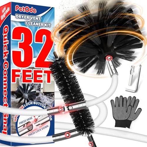 PetOde 32 Feet Dryer Vent Cleaner Kit, Enhanced Flexible Quick Snap Brush with Drill Attachment for Effective Cleaning, 360 Degree Rotation Without Loosening, Use with or Without a Power Drill - size: 32FEET