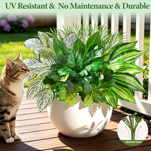 Livole 8Pcs 7 Styles Artificial Plants Outdoor Realistic UV Resistant Artificial Flowers Large Bunches Faux Plants Greenery Stems Boston Fern for Garden Porch Planter Window Box Home Decor - size: 8Pcs