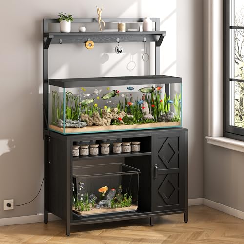 kepptory 40-50 Gallon Diamond Fish Tank Stand with Power Outlet, Heavy Duty Aquarium Cabinet with Display Shelf and 4 Hooks, Suitable for Turtle Tank, Reptile Terrarium for Home Office (Classic Black) - color: Black, size: 40.9"L x 20.5"W x 69.1"H
