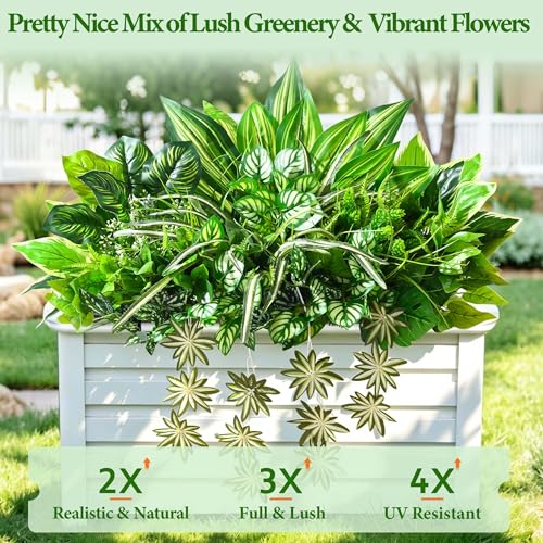 Livole 24Pcs 14 Styles Artificial Plants Outdoor Realistic UV Resistant Flowers Large Bunches Faux Greenery Stems Boston Fern for Garden Porch Planter Window Box Home Decor - size: 24Pcs