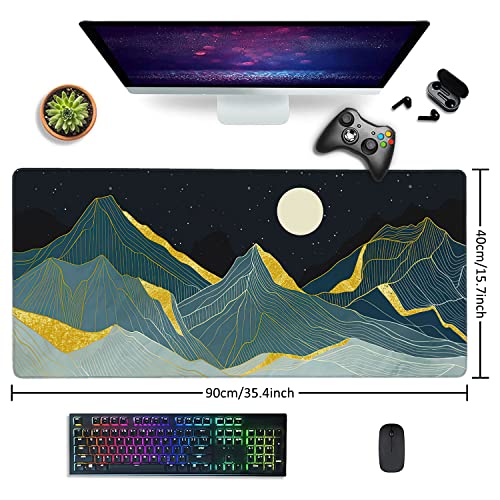 Golden Line Art Mountain at Night Large Mouse Pad Extended Gaming Mouse Pad Waterproof Desk Mat with Stitched Edge,Non Slip Base Keyboard Mouse pad for Home Office 35.4" X 15.7" - color: Golden Line Art Mountain at Night