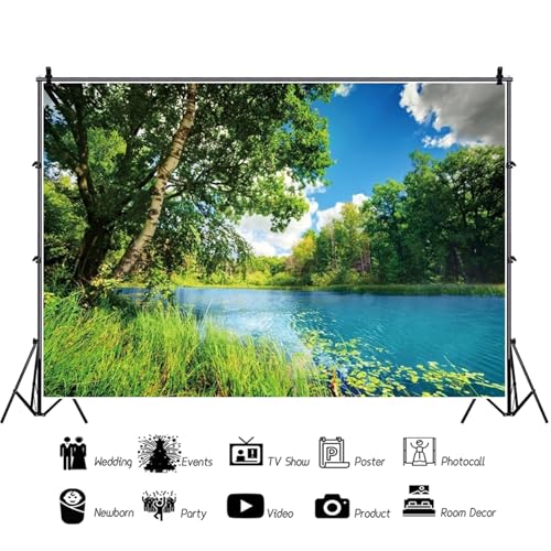 Polyester 6x4ft Park Scenery Backdrop River Blue Water and Tree Forest Garden Blue Sky Outdoor Picnic Spring Background Camping Hiking Photo Background Countryside Field Backdrop - size: 6x4ft