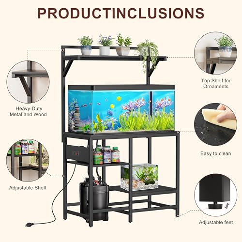 40 Gallon Fish Tank Stand, Aquarium Stand with Power Outlet, Heavy-Duty Reptile Terrarium Stand Table with Top Shelf for 40 Gal Standard/Long/High, 37.4" L x 19.7" W x 30" H(Black) - color: Black, size: 40 Gallon