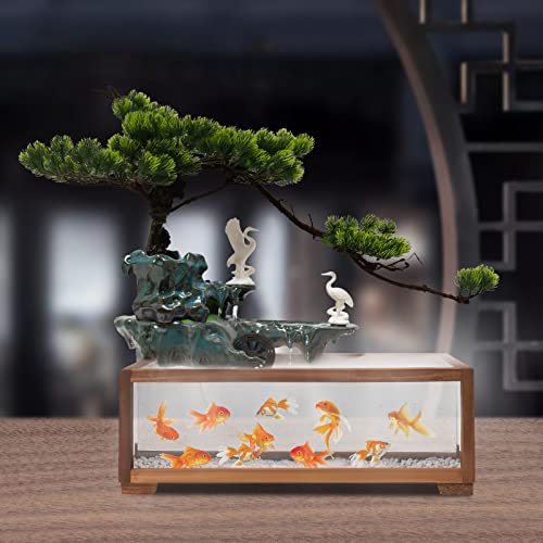 Tabletop Water Fountains Indoors with LED Light, Fake Plants，Rockery and Aquariums Water Fall Indoor for Living Room Office Decor (Fish Tank Size: 17.7L x 8.3W x 6H Inch - style: style B