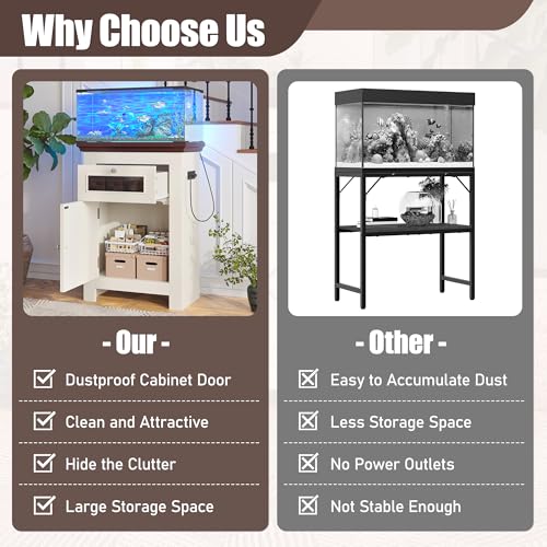 10-15 Gallon Fish Tank Stand, Farmhouse Aquarium Stand with Power Outlets, Storage Cabinet and Drawer, Wood Fish Tank Table for Reptile/Turtle/Terrarium Tank, 198LBS Capacity, Beige
